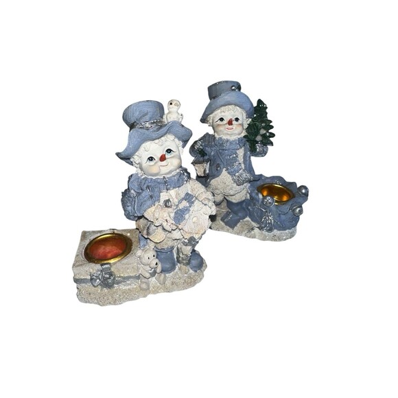 Snowman Candlestick Holder Set Blue White Winter Christmas Mantel Decor - Picture 11 of 11